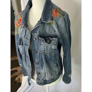 Miss Me Jean Jacket Blue Denim Pink Peach Embroidered Floral Design medium